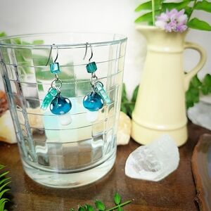 Dark Turquoise Color Mushrooms Fairy Earrings - Stainless Steel - Handmade